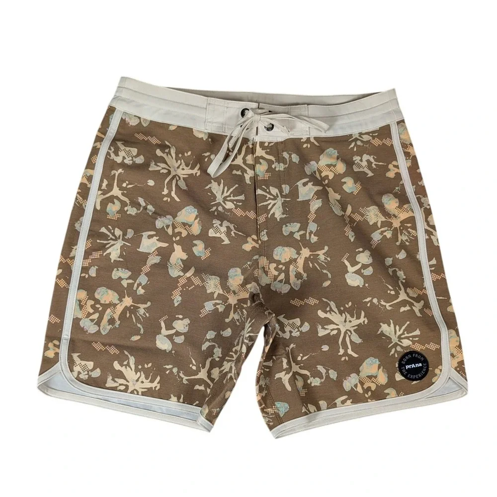 prAna Mens Brown Abstract Floral Scalloped Hem Board Shorts Swim Trunks 28/06